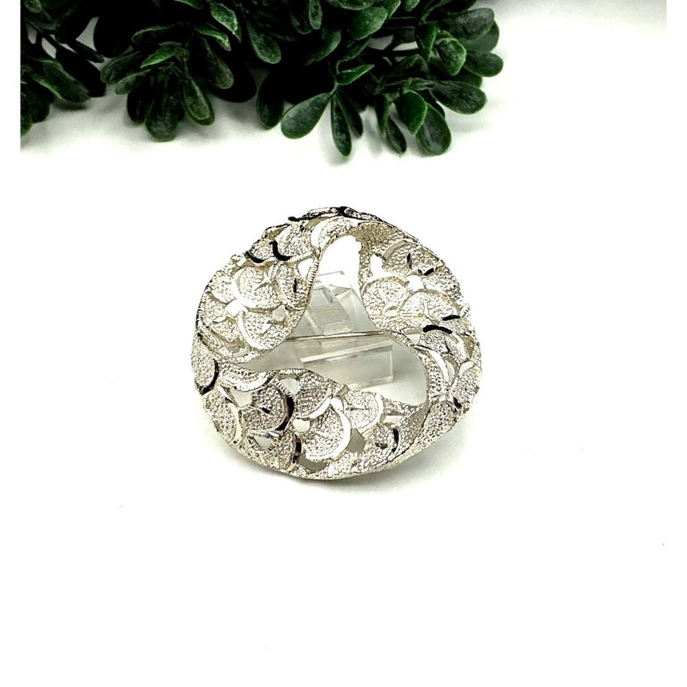 Vintage Silver Tone Openwork Brooch Pin With Abstract Design